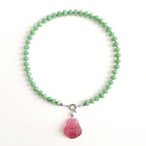 GREEN MOONSTONE NECKLACE W/ HAPPY BUDDHA PENDANT--16"